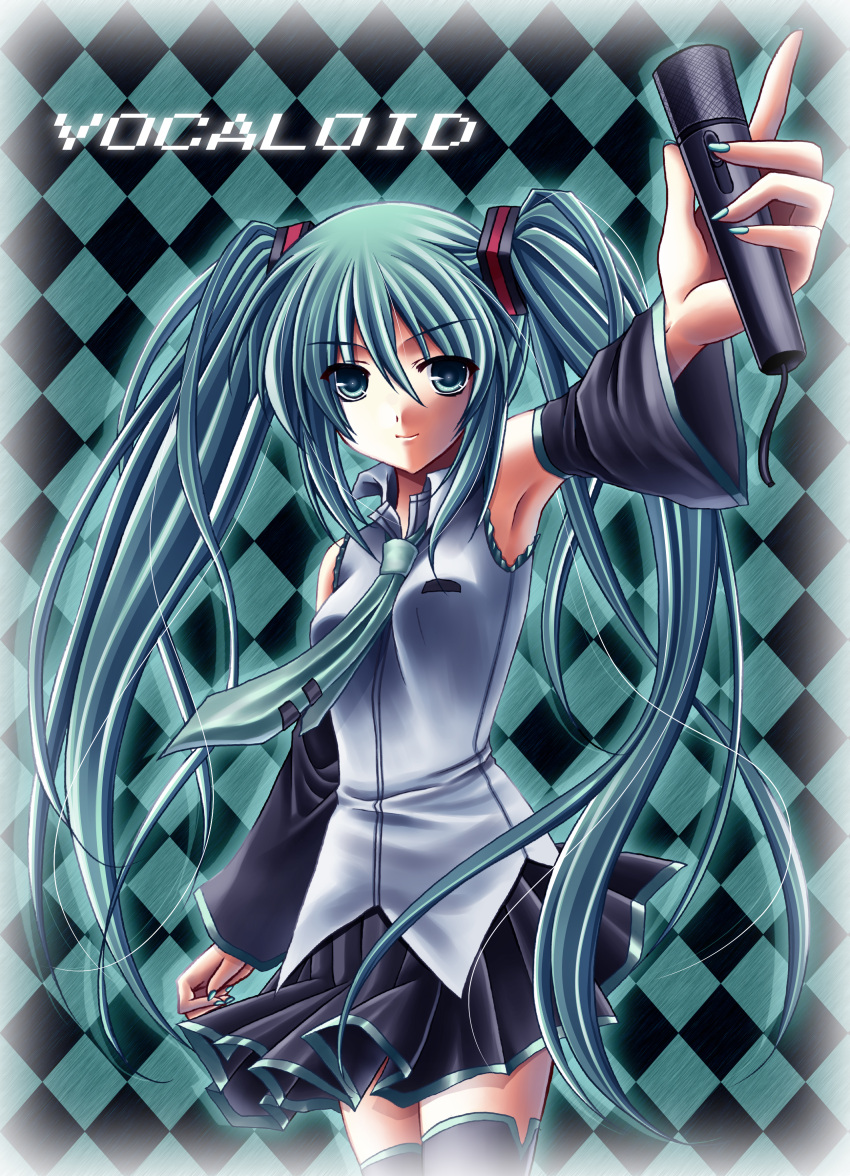 1girl :d absurdres aqua_eyes aqua_hair aqua_necktie armpits bad_link bare_shoulders black_skirt black_thighhighs blush boots breasts closed_mouth collared_shirt detached_sleeves frilled_shirt frills grey_shirt hair_between_eyes hatsune_miku headset highres holding holding_microphone kirihara_natsuki long_hair looking_at_viewer medium_breasts microphone necktie non-web_source outstretched_arm panties pleated_skirt purple_background shirt skirt sleeveless sleeveless_shirt sleeves_past_wrists smile solo tattoo teeth thigh-highs thigh_boots twintails underwear very_long_hair vocaloid white_panties