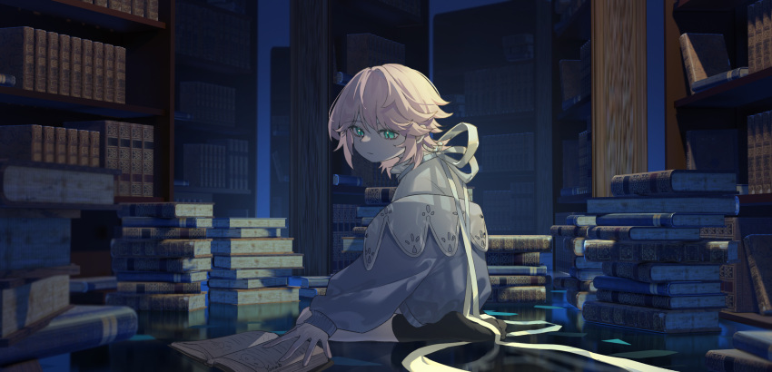 1boy androgynous blue_eyes book cardigan closed_mouth formal frown highres library long_sleeves male_focus original reading ribbon shirt short_hair solo white_shirt yonab