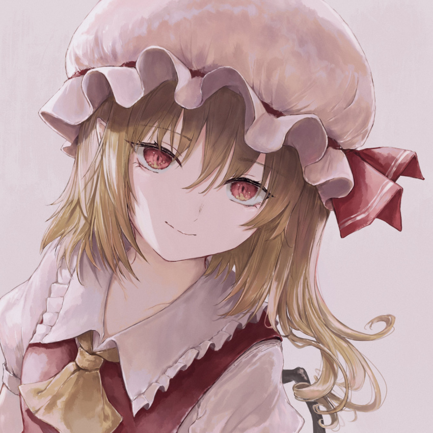 1girl absurdres ascot bangs blonde_hair closed_mouth collared_shirt commentary flandre_scarlet frilled_shirt_collar frills grey_background hair_between_eyes happiness_lilys hat hat_ribbon highres long_hair looking_at_viewer mob_cap one_side_up puffy_short_sleeves puffy_sleeves red_eyes red_ribbon red_vest ribbon shirt short_sleeves simple_background smile solo split_mouth touhou upper_body vest white_headwear white_shirt wings yellow_ascot