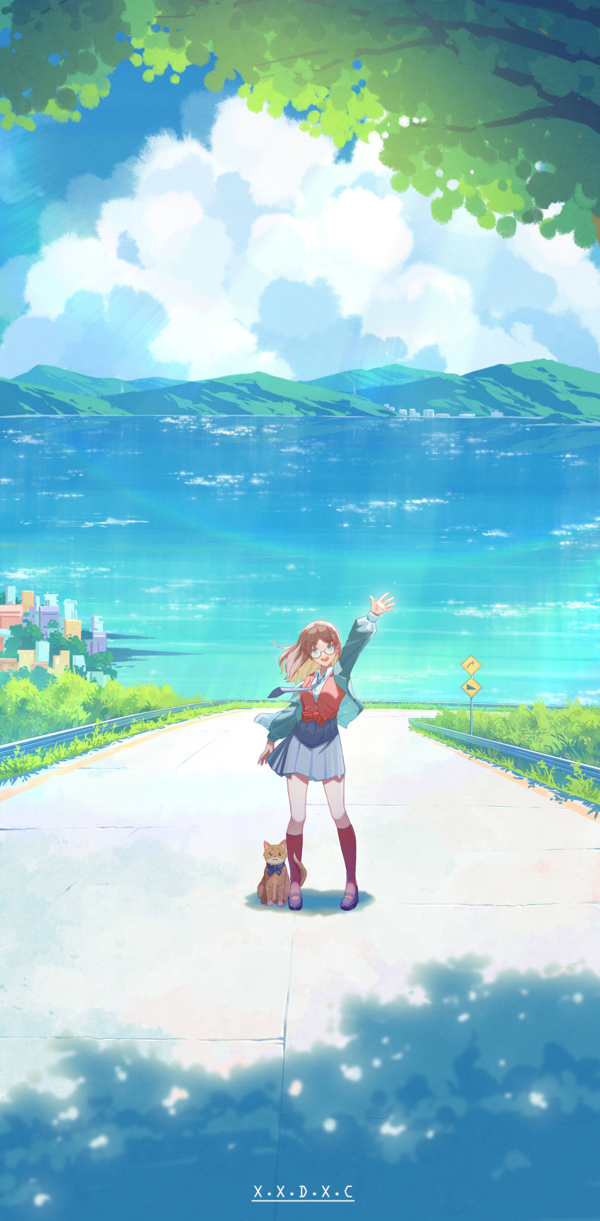 1girl absurdres arm_up artist_name blue_skirt brown_hair cat clouds cloudy_sky commentary_request day green_jacket guard_rail highres jacket kneehighs long_hair long_sleeves mountain ocean open_clothes open_jacket original outdoors red_socks red_vest road road_sign scenery shadow shirt sign skirt sky socks solo standing vest watermark waving white_shirt wide_shot x.x.d.x.c