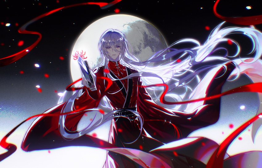 1boy absurdres bishounen chinese_clothes dress flower for_all_time full_moon grey_hair hanfu highres lens_flare long_hair long_sleeves looking_at_viewer male_focus moon red_dress solo spider_lily very_long_hair white_hair wide_sleeves yexuan zhumojian