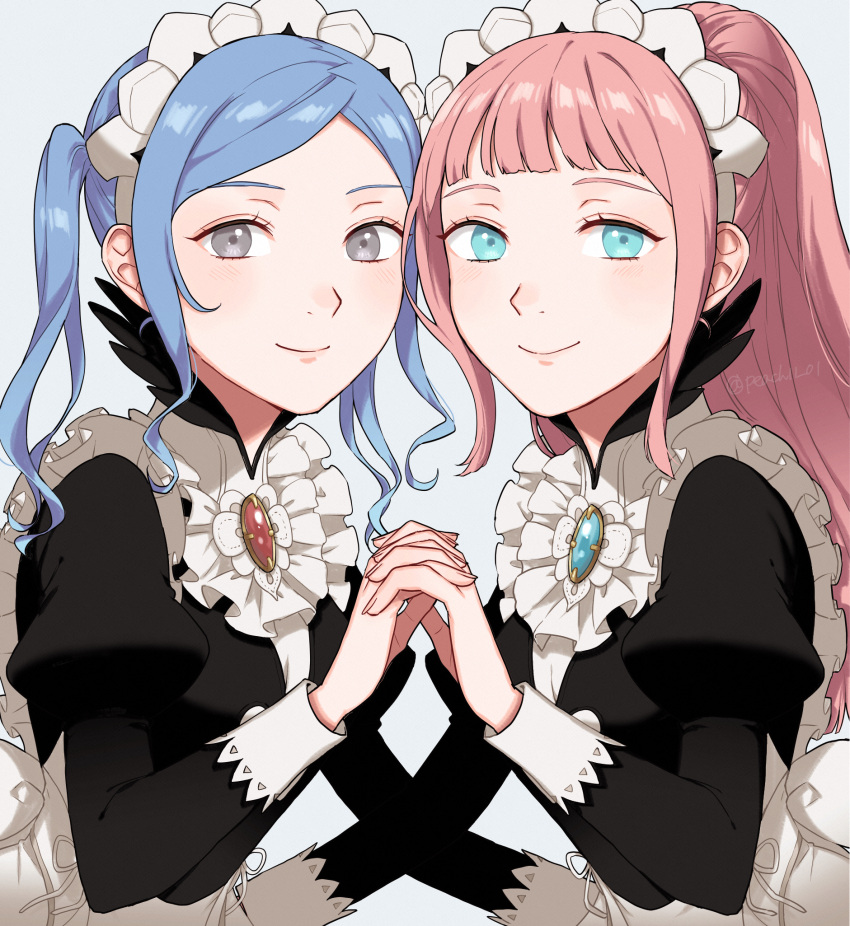 2girls aqua_eyes bangs black_dress blue_hair blunt_bangs brooch center_frills commentary_request dress feather_trim felicia_(fire_emblem) fire_emblem fire_emblem_fates flora_(fire_emblem) frills grey_background grey_eyes highres holding_hands jewelry juliet_sleeves long_hair long_sleeves looking_at_viewer maid maid_headdress multiple_girls peach11_01 pink_hair ponytail puffy_sleeves siblings simple_background sisters smile twins twintails twitter_username upper_body