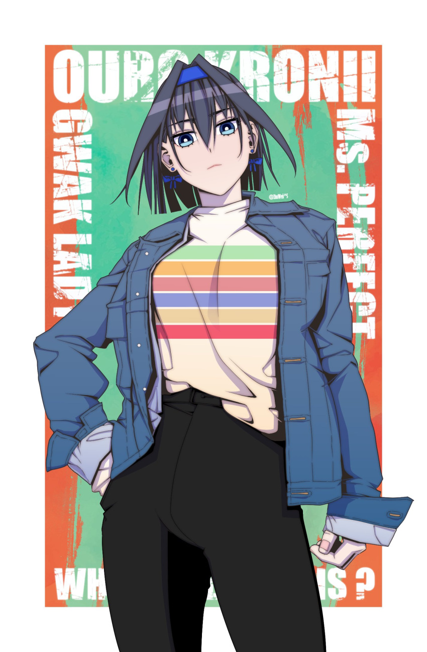 1girl black_hair blue_eyes blue_hairband blue_jacket breasts cowboy_shot earrings hair_between_eyes hairband hand_on_hip highres hololive hololive_english jacket jewelry large_breasts ouro_kronii sleeves_past_wrists solo virtual_youtuber zhuweii