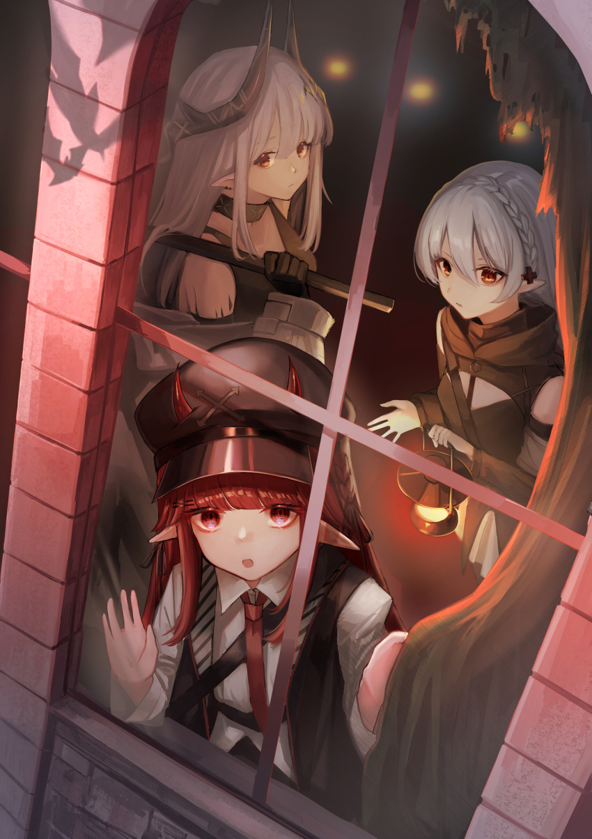 3girls absurdres against_window arknights bangs bare_shoulders black_dress black_headwear black_vest blunt_bangs braid closed_mouth collar collared_shirt crown_braid curtains dress earrings from_outside grey_hair hammer hat hemorina highres holding holding_hammer holding_lantern holding_weapon horns horns_through_headwear indoors infection_monitor_(arknights) jewelry lantern long_hair long_sleeves looking_at_viewer looking_outside mudrock_(arknights) multiple_girls necktie open_clothes open_mouth open_vest oripathy_lesion_(arknights) pointy_ears red_eyes red_necktie redhead shirt side_braid vest vigna_(arknights) warfarin_(arknights) weapon white_shirt window