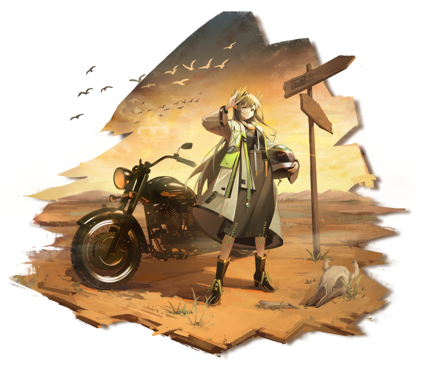1girl absurdres alisi arknights bangs bird brown_hair closed_mouth coat commentary_request desert grass ground_vehicle helmet highres holding holding_helmet long_hair motor_vehicle motorcycle muelsyse_(arknights) open_clothes open_coat outdoors pointy_ears smile solo sunset transparent_background watermark white_coat yellow_eyes