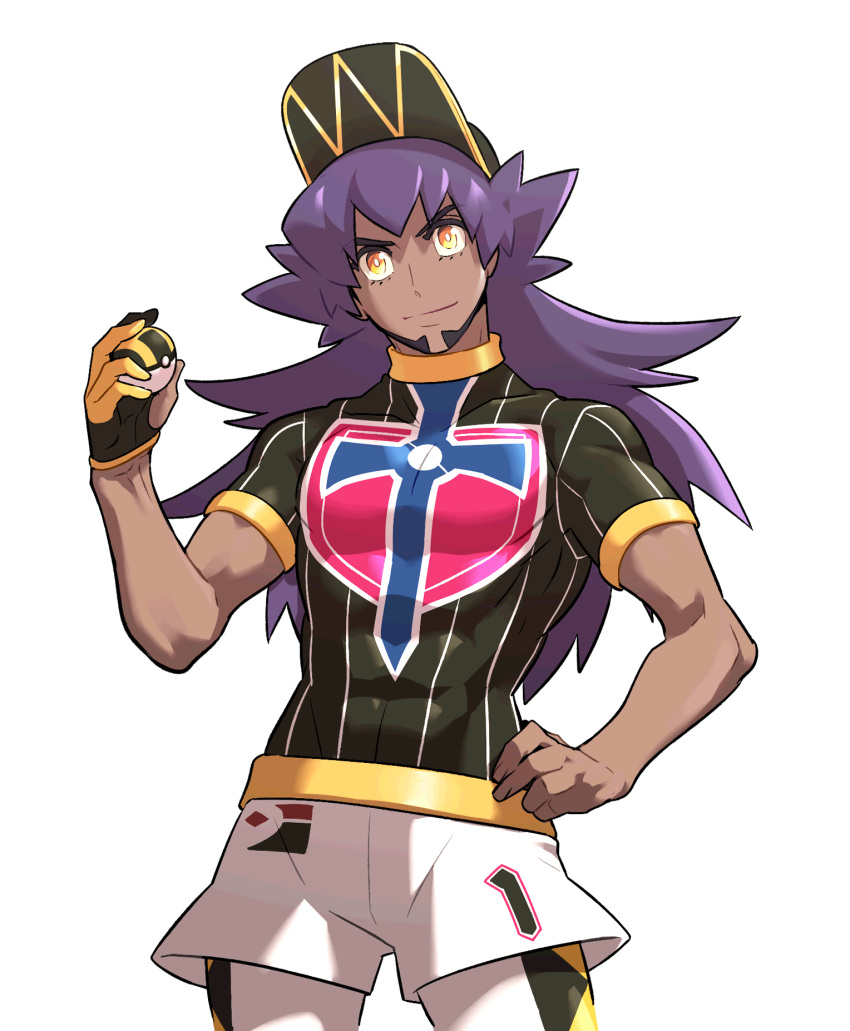 1boy baseball_cap bright_pupils champion_uniform closed_mouth commentary_request cowboy_shot dark-skinned_male dark_skin facial_hair gloves hand_on_hip hand_up hat highres holding holding_poke_ball korean_commentary leggings leon_(pokemon) long_hair looking_at_viewer male_focus partially_fingerless_gloves poke_ball pokemon pokemon_(game) pokemon_swsh purple_hair redlhzz shield_print shirt short_shorts short_sleeves shorts single_glove smile solo sword_print ultra_ball white_background white_pupils white_shorts yellow_eyes