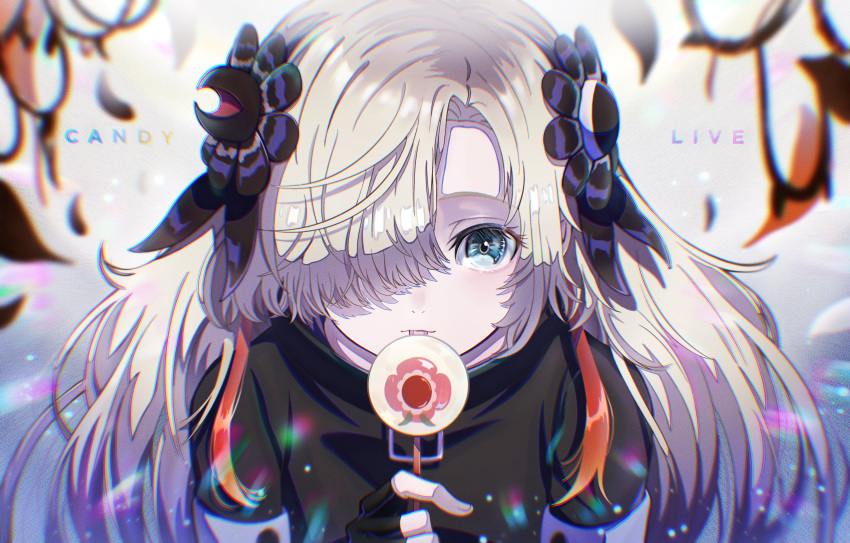 1girl absurdres bangs black_coat blonde_hair blue_eyes blurry blurry_background candy coat commentary_request english_text eyelashes film_grain fingerless_gloves food gloves gradient gradient_background grey_background hair_ornament hair_over_one_eye hand_up highres holding holding_candy holding_food holding_lollipop isekai_joucho kamitsubaki_studio leaf licking lollipop long_hair looking_at_viewer multicolored_hair one_eye_covered orange_hair plant solo tirudo29 tongue tongue_out two-tone_background two-tone_hair upper_body vines white_background zipper_pull_tab