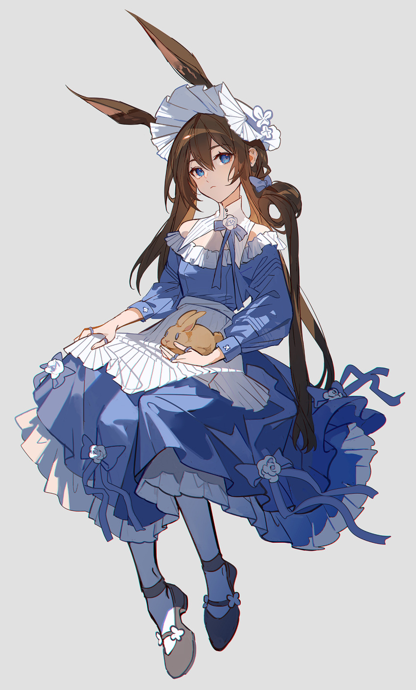 1girl amiya_(arknights) animal animal_ears apron arknights bangs black_footwear blue_bow blue_dress blue_eyes bow brown_hair closed_mouth collar dress dress_bow dress_flower flower frilled_dress frills grey_background hair_between_eyes hair_bow hair_rings head_tilt headdress highres holding holding_animal invisible_chair jewelry long_hair looking_at_viewer mary_janes rabbit rabbit_ears rabbit_girl ring rose satsuya shoes simple_background sitting sleeveless sleeveless_dress socks solo white_apron white_collar white_flower white_rose white_socks