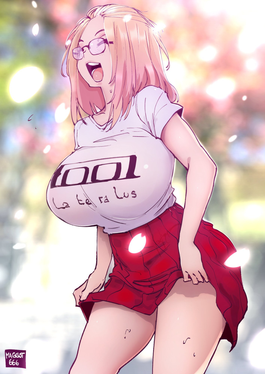 1girl artist_name band_shirt bangs_pinned_back blonde_hair blurry blurry_background breasts closed_eyes colorized curvy folded_hair glasses hair_pulled_back highres huge_breasts inne_sulistya_robin joe90val merchandise miniskirt norman_maggot open_mouth original pleated_skirt red_skirt shirt shirt_tucked_in short_sleeves skirt thighs white_shirt