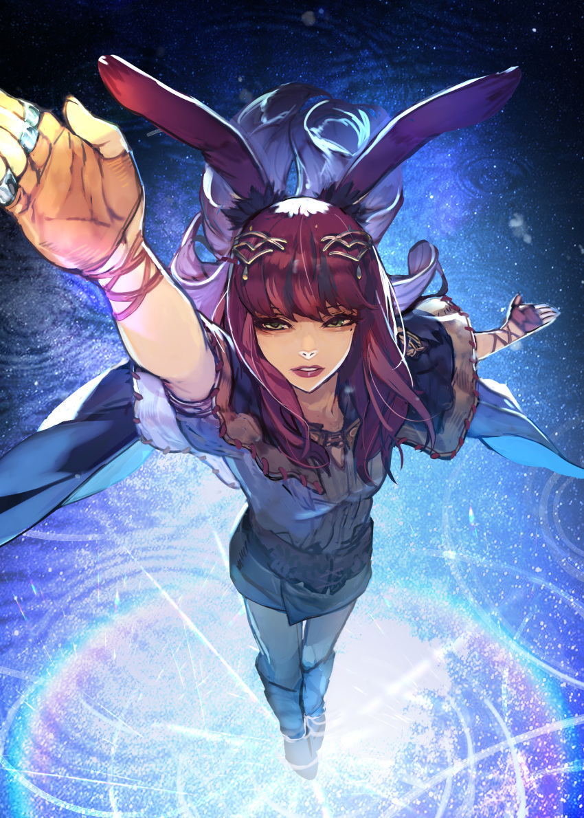 1girl absurdres animal_ears arm_up avatar_(ff14) bangs circlet final_fantasy final_fantasy_xiv fingerless_gloves gloves green_eyes hide_(hideout) highres long_hair looking_at_viewer looking_up mole mole_under_mouth rabbit_ears redhead solo