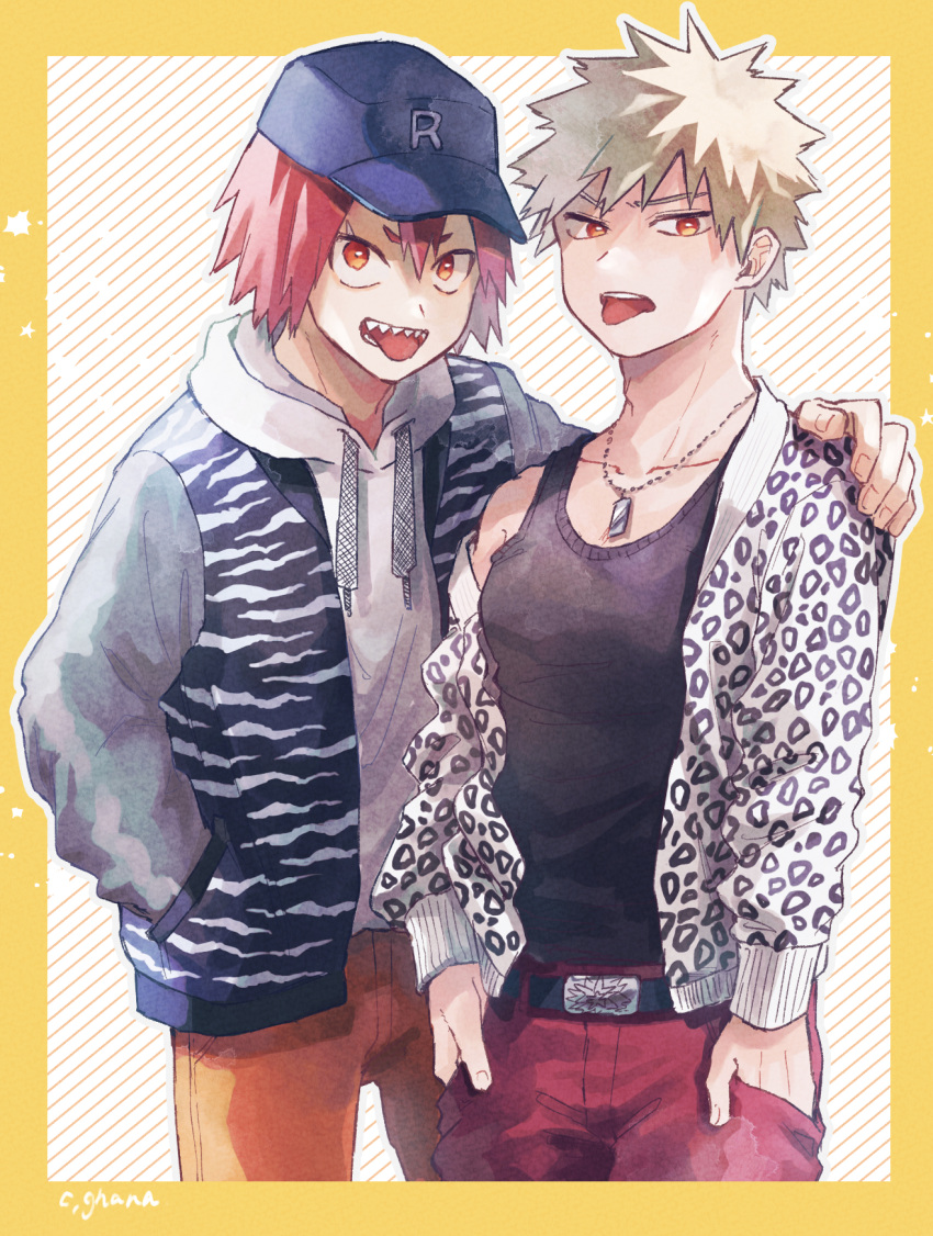 2boys adcalcium animal_print bakugou_katsuki belt black_belt black_tank_top blonde_hair boku_no_hero_academia border collarbone cowboy_shot hand_in_pocket hand_on_another's_shoulder highres hood hoodie jacket jewelry kirishima_eijirou leopard_print long_sleeves looking_at_viewer male_focus multiple_boys necklace orange_pants pants print_jacket red_eyes red_pants redhead sharp_teeth short_hair signature spiky_hair standing tank_top teeth tiger_print tongue tongue_out white_background white_hoodie yellow_border