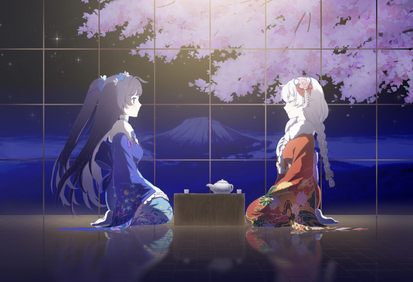 2girls blue_kimono braid cherry_blossoms closed_eyes closed_mouth cup flower full_body hair_flower hair_ornament highres honkai_(series) honkai_impact_3rd japanese_clothes kiana_kaslana kimono long_hair long_sleeves multiple_girls night night_sky orange_kimono ponytail purple_hair rafaelaaa raiden_mei seiza sitting sky socks star_(sky) starry_sky table teacup teapot tree twin_braids violet_eyes white_hair white_socks