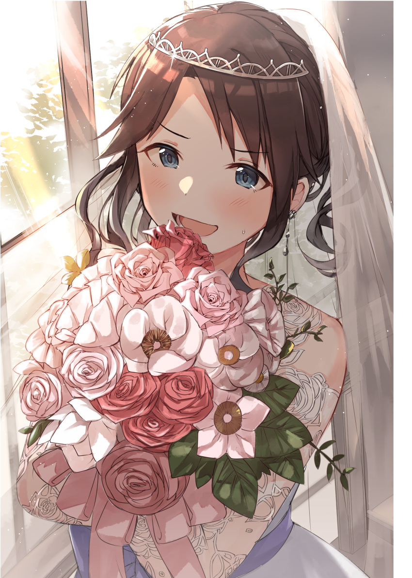 1girl absurdres alternate_hairstyle bare_shoulders black_hair blue_eyes blue_ribbon blush bouquet bridal_gauntlets bridal_veil commentary_request curly_hair dress ear_piercing flower hanetsuka happy highres holding holding_bouquet idolmaster idolmaster_shiny_colors leaf mitsumine_yuika open_mouth piercing ribbon rose smile solo tiara veil wedding_dress window