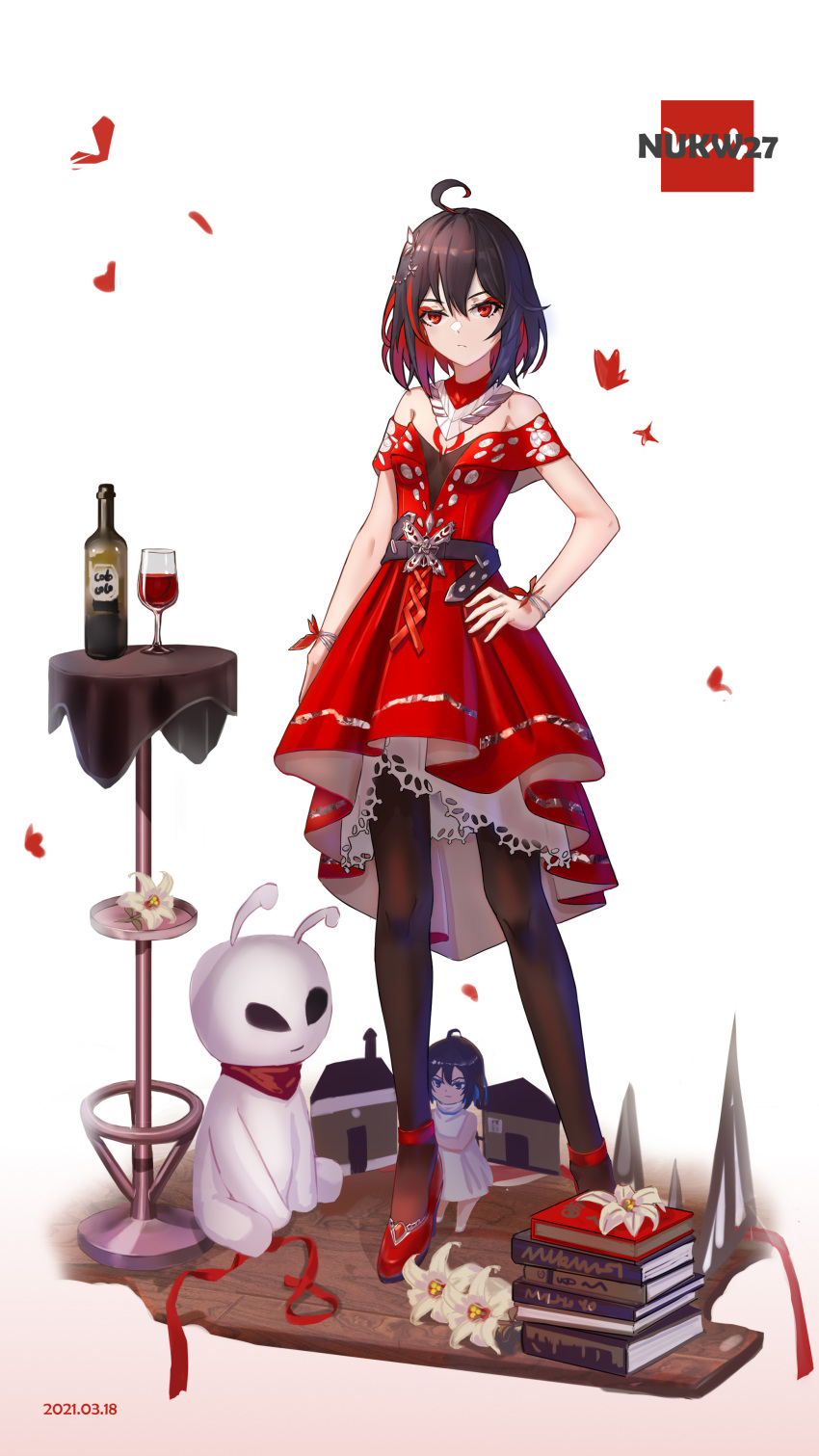 2021 2girls absurdres ahoge alcohol artist_name bangs bare_shoulders blue_eyes blue_hair book bottle brown_pantyhose child closed_mouth cup dress drinking_glass dual_persona flower full_body highres honkai_(series) honkai_impact_3rd medium_hair multiple_girls nukw27 off-shoulder_dress off_shoulder pantyhose red_dress red_eyes red_footwear redhead seele_(alter_ego) seele_vollerei standing stuffed_toy table white_background white_flower wine wine_bottle wine_glass wooden_floor