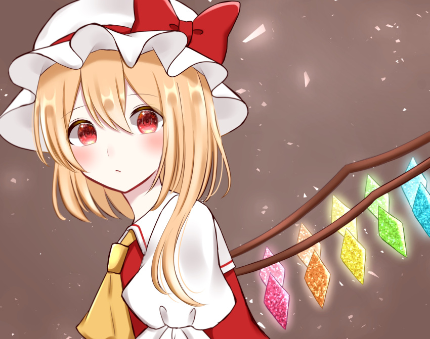 1girl absurdres ascot bangs blonde_hair blush bow brown_background closed_mouth collared_shirt commentary_request crystal dress eyes_visible_through_hair flandre_scarlet hair_between_eyes hat hat_bow highres jewelry light looking_at_viewer multicolored_wings one_side_up piyoru_nico puffy_short_sleeves puffy_sleeves red_bow red_dress red_eyes shirt short_hair short_sleeves simple_background solo touhou upper_body white_headwear white_shirt wings yellow_ascot