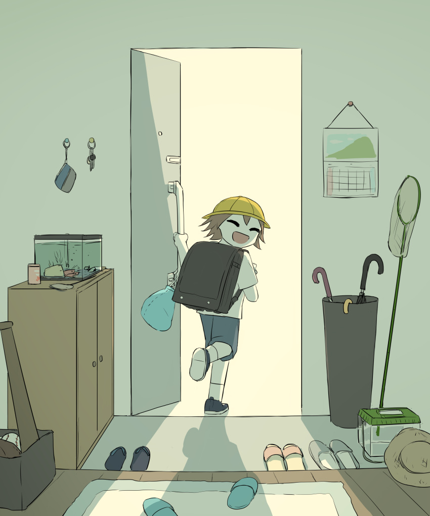 1boy absurdres avogado6 bag bookbag butterfly_net calendar_(object) child commentary door door_handle fish_tank from_behind hand_net happy hat highres kneehighs looking_back male_child male_focus open_mouth opening_door original school_hat shadow shoes shorts slippers socks solo umbrella