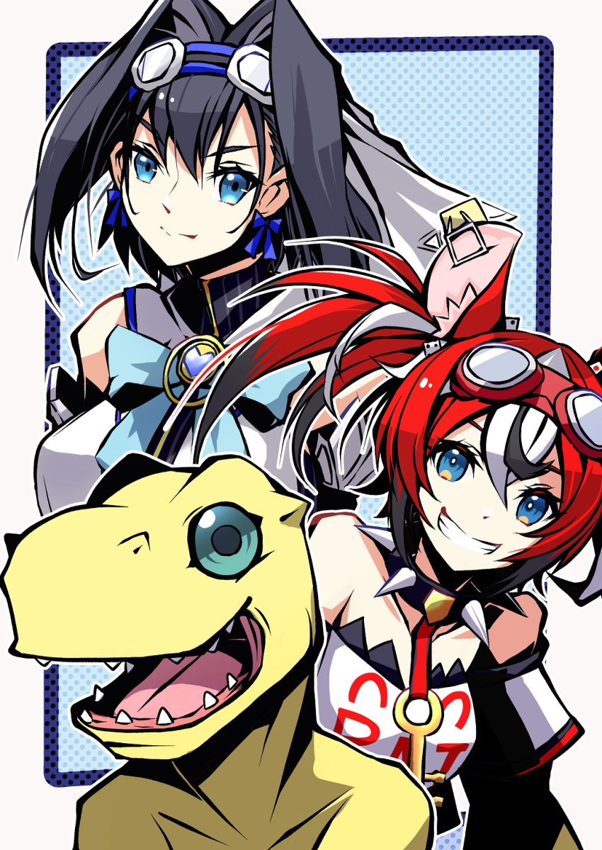 2girls agumon animal_ears bare_shoulders black_hair black_outline blue_eyes blue_hair border bow bow_earrings breasts clenched_teeth collar collarbone commentary crossover dice digimon digimon_(creature) dot_nose ear_ornament earrings goggles goggles_on_head green_eyes hair_between_eyes hair_bow hakos_baelz highres hololive hololive_english jewelry large_breasts looking_at_viewer mitosupa_(qsiqydfz7nesh9w) mouse_ears mouse_girl mousetrap multicolored_hair multiple_girls open_mouth ouro_kronii outline redhead sharp_teeth short_sleeves smile spiked_collar spikes split_mouth teeth v-shaped_eyebrows virtual_youtuber white_border white_hair