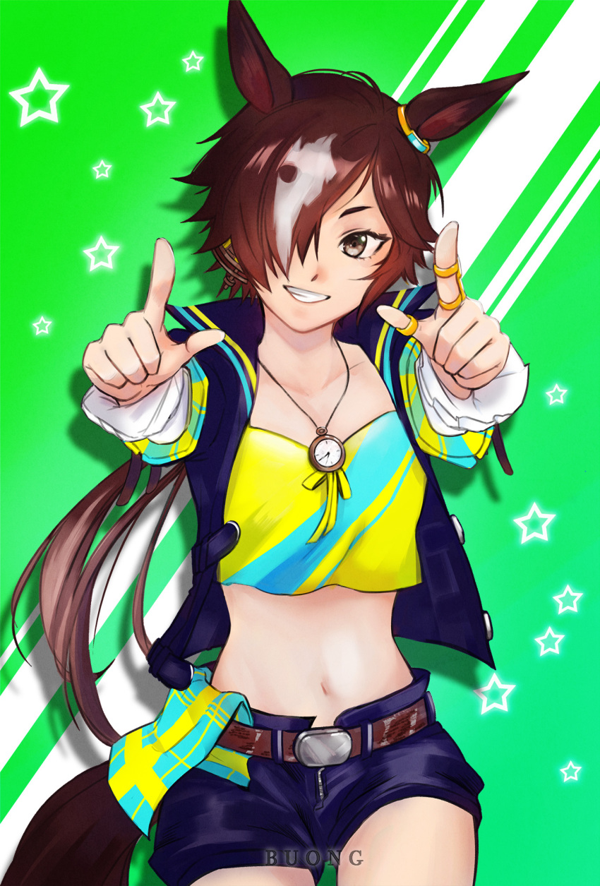 1girl :d alternate_eye_color artist_name bangs belt black_jacket black_pants brown_eyes brown_hair buongforest crop_top green_background grin hair_over_one_eye highres horse_girl horse_tail jacket long_hair long_sleeves looking_at_viewer midriff navel pants ponytail shirt smile solo star_(symbol) stopwatch_around_neck tail teeth two-tone_background umamusume vodka_(umamusume) white_background yellow_shirt