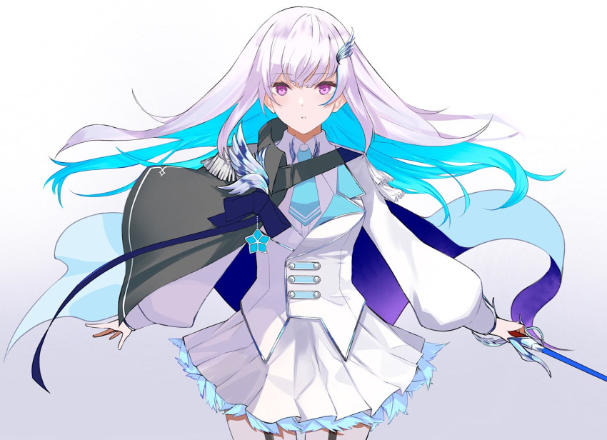 1girl bangs blue_hair blue_necktie breasts buttons cape collared_shirt colored_inner_hair cowboy_shot double-breasted epaulettes garter_straps gohan_(gohanchang) gradient gradient_background hair_ornament holding holding_sword holding_weapon jacket lize_helesta long_hair long_sleeves looking_at_viewer multicolored_hair necktie nijisanji outstretched_arms parted_lips puffy_long_sleeves puffy_sleeves shiny shiny_hair shirt single_epaulette skirt small_breasts solo spread_arms sword violet_eyes virtual_youtuber weapon white_hair white_jacket white_shirt white_skirt