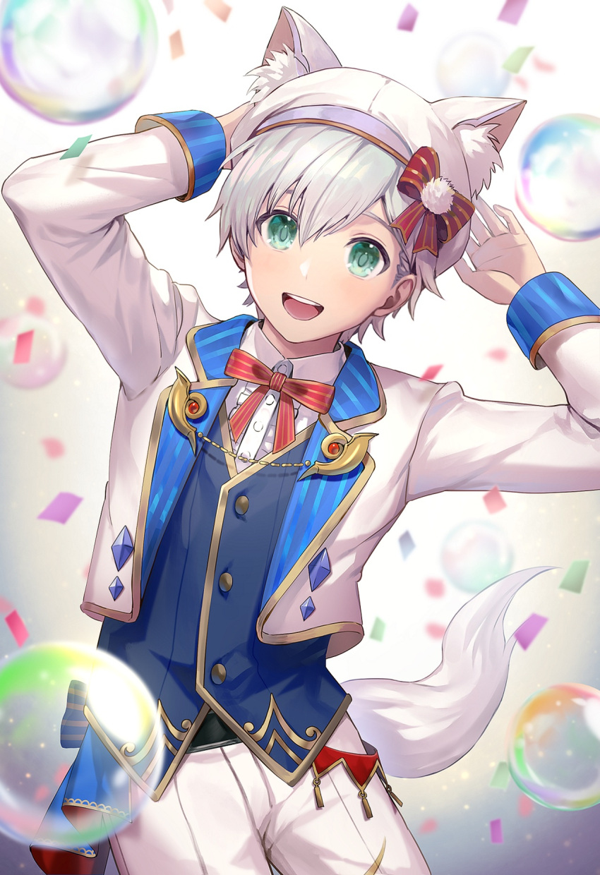 1boy :d animal_ears belt bow bubble chain character_request confetti gloves green_eyes hair_bow hand_to_head highres looking_at_viewer penguu_(green528) short_hair smile solo tail tales_of_(series) twisted_torso uniform