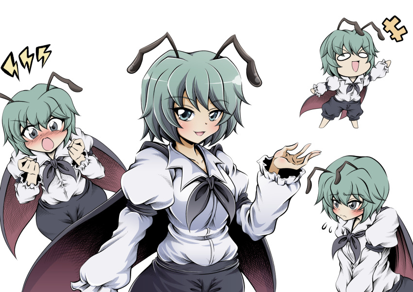 :d :o antenna_hair bangs black_cape black_pants blush cape clenched_hands closed_mouth flying_sweatdrops green_hair hidefu_kitayan highres juliet_sleeves lightning_bolt_symbol long_sleeves looking_at_viewer multiple_views open_mouth pants puffy_sleeves shirt short_hair simple_background smile touhou v_arms white_background white_shirt wriggle_nightbug