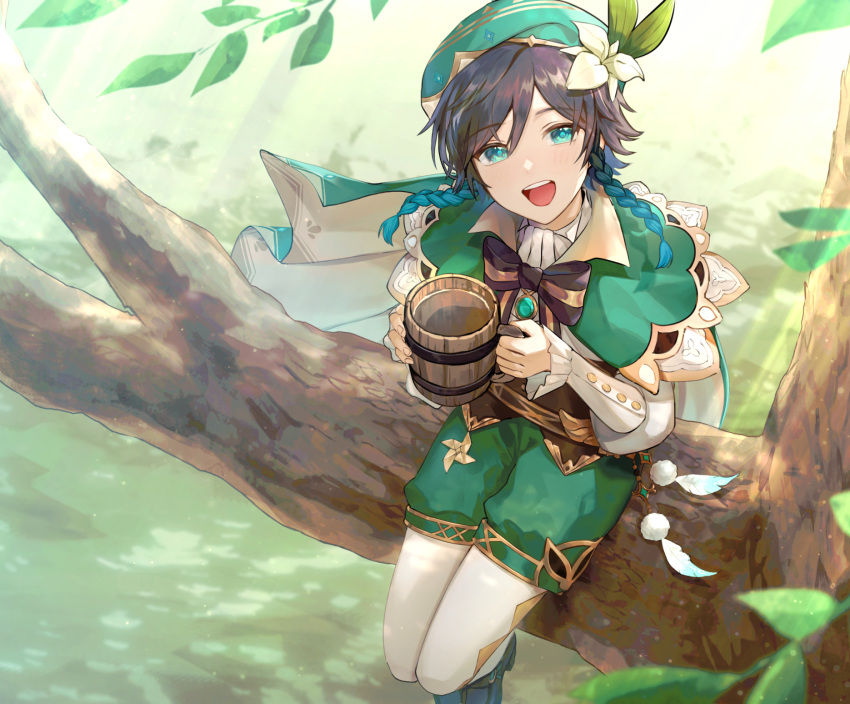 1boy :d androgynous aqua_eyes beer_mug braid branch buttons capelet corset cup feathers flower from_above genshin_impact gradient_hair hair_flower hair_ornament highres leaf legs_together looking_up mug multicolored_hair otoko_no_ko pantyhose penguu_(green528) sitting smile solo twin_braids venti_(genshin_impact) white_pantyhose wind