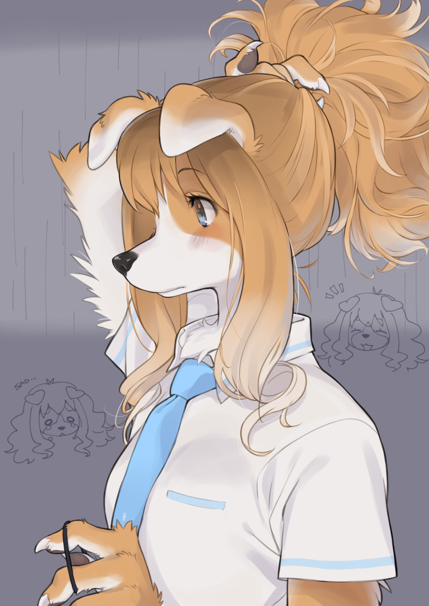 1girl :3 ^_^ animal_ears animal_hands animal_nose arm_up blue_eyes blue_necktie blush breast_pocket brown_hair claws closed_eyes closed_mouth collared_shirt dog_ears dog_girl english_text expressionless from_side furry furry_female gradient_hair grey_background hair_tie hand_up happy highres holding holding_hair kikurage_(crayon_arts) light_blush multicolored_hair multiple_views necktie notice_lines open_mouth original partially_colored pawpads pocket profile sad shirt short_sleeves smile snout tears tying_hair upper_body white_hair white_shirt