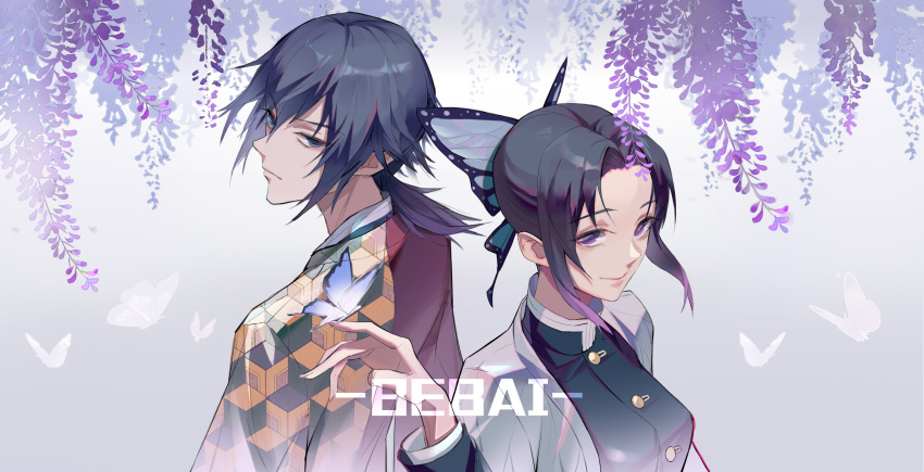 1boy 1girl artist_name back-to-back bangs bebai black_hair blue_eyes blush bug butterfly butterfly_hair_ornament butterfly_on_hand buttons closed_mouth commentary_request demon_slayer_uniform expressionless flower forehead gradient_hair hair_ornament haori highres japanese_clothes katana kimetsu_no_yaiba kochou_shinobu long_hair long_sleeves looking_at_viewer multicolored_hair parted_bangs ponytail purple_hair shiny shiny_hair short_hair smile sword tomioka_giyuu two-sided_fabric uniform upper_body violet_eyes weapon wisteria