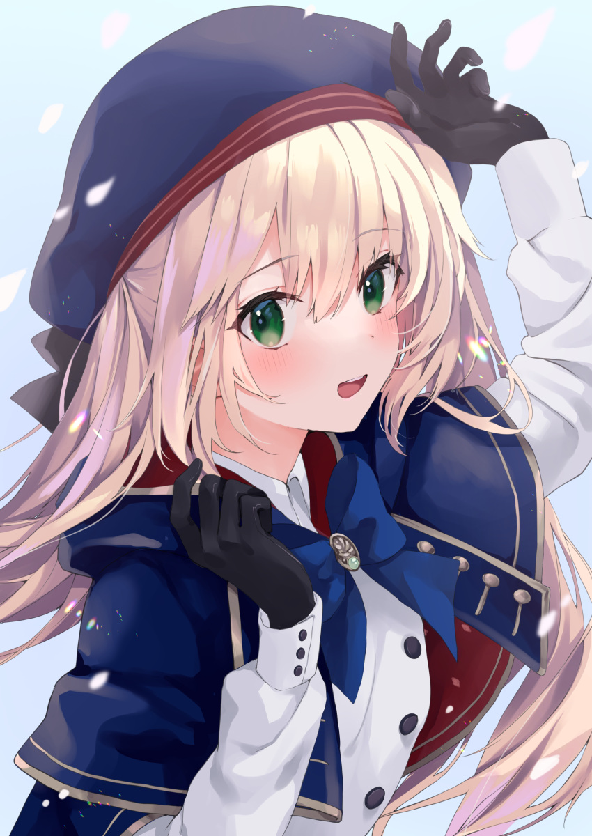 1girl absurdres artoria_caster_(fate) artoria_pendragon_(fate) bangs black_bow black_gloves blonde_hair blue_bow blue_capelet blue_headwear blush bow bowtie buttons capelet collared_dress commentary_request dress fate/grand_order fate_(series) gloves gold_trim green_eyes hair_between_eyes hair_bow hat highres kashuu_(pixiv_66328082) long_hair long_sleeves looking_at_viewer smile solo teeth twintails upper_body upper_teeth very_long_hair white_dress