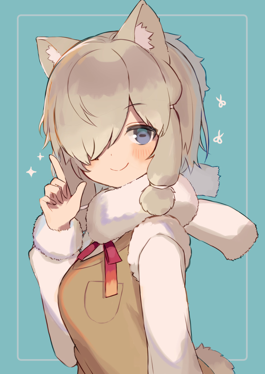 1girl absurdres alpaca_ears alpaca_girl alpaca_suri_(kemono_friends) alpaca_tail animal_ears blue_eyes blush finger_gun fur_collar hair_bun hair_over_one_eye hair_tubes hand_up highres kemono_friends long_sleeves looking_at_viewer neck_ribbon noamem ribbon short_hair smile solo sweater tail upper_body vest white_fur white_hair white_sweater