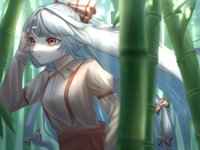 1girl arm_up bamboo bamboo_forest bangs bow breasts brown_shirt closed_mouth collared_shirt commentary_request forest fujiwara_no_mokou grey_bow grey_hair hair_bow hand_in_pocket hand_on_own_face hand_up hasukappu highres juliet_sleeves leaf light long_hair long_sleeves looking_to_the_side medium_breasts multicolored_bow nature pants pocket puffy_long_sleeves puffy_sleeves red_bow red_eyes red_pants shirt sky solo suspenders touhou white_bow white_sky