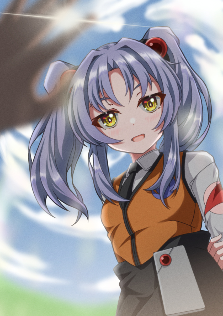 1girl :d arms_behind_back black_necktie black_skirt blurry blurry_foreground blush collared_shirt day grey_hair hair_ornament highres hoshino_ruri kidou_senkan_nadesico long_hair looking_at_viewer necktie open_mouth orange_vest outdoors pov ru-ha shiny shiny_hair shirt skirt smile solo_focus sunlight twintails vest white_shirt wing_collar yellow_eyes