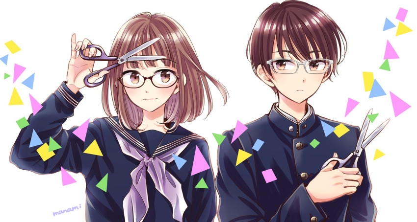 1boy 1girl arm_up bangs blue_jacket blue_sailor_collar blue_shirt brown-framed_eyewear brown_eyes brown_hair buttons closed_mouth commentary_request gakuran glasses hand_up holding holding_scissors jacket long_sleeves looking_at_viewer neckerchief original purple_neckerchief sailor_collar school_uniform scissors serafuku shiny shiny_hair shirt short_hair signature simple_background smile sugano_manami triangle upper_body white-framed_eyewear white_background