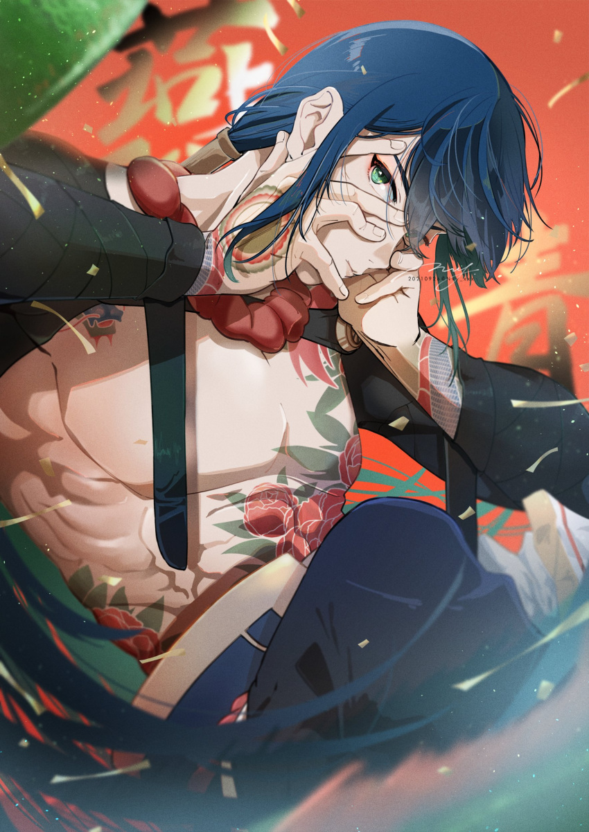 1boy absurdres alternate_hair_color background_text bangs black_pants blue_hair chest_tattoo chinese_clothes chinese_commentary chinese_text closed_mouth commentary_request confetti dragon_tattoo expressionless eyes_visible_through_hair fate/grand_order fate_(series) feet_out_of_frame flower_tattoo gauntlets green_eyes hair_between_eyes hands_on_own_cheeks hands_on_own_face highres long_hair long_sleeves looking_at_viewer male_focus nagatekkou no_nipples nvy_xxx pants pixiv_id ponytail signature smile solo tattoo topless_male twitter_username very_long_hair yan_qing_(fate) yin_yang yin_yang_tattoo