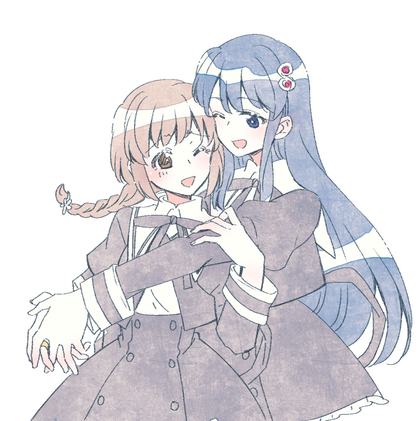 2girls ;d arm_at_side assault_lily bangs black_ribbon black_skirt blue_eyes blue_hair blush braid bright_pupils brown_eyes brown_hair buttons cropped_jacket flower frilled_skirt frills hair_flower hair_ornament hand_on_another's_arm hand_up heads_together high-waist_skirt highres hug hug_from_behind interlocked_fingers jewelry long_hair looking_at_another looking_to_the_side low_twin_braids low_twintails medium_hair miniskirt multiple_girls neck_ribbon one_eye_closed open_mouth outstretched_arms own_hands_together ribbon ring rokkaku_shiori school_uniform shiny shiny_hair shirt sidelocks simple_background skirt smile sorato_(astllatte) standing taniguchi_hijiri twin_braids twintails very_long_hair white_background white_flower white_pupils white_shirt yuri yurigaoka_girls_academy_school_uniform