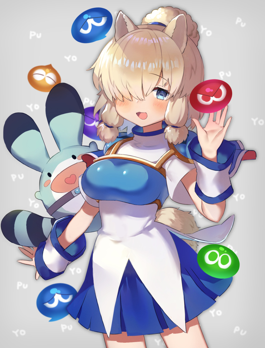 1girl alpaca_ears alpaca_girl alpaca_suri_(kemono_friends) alpaca_tail animal_ears arle_nadja arle_nadja_(cosplay) armor blonde_hair blue_eyes blue_skirt breastplate breasts carbuncle_(puyopuyo) cosplay fusion hair_over_one_eye highres kemono_friends large_breasts lucky_beast_(kemono_friends) noamem puyo_(puyopuyo) puyopuyo short_hair short_sleeves skirt tail