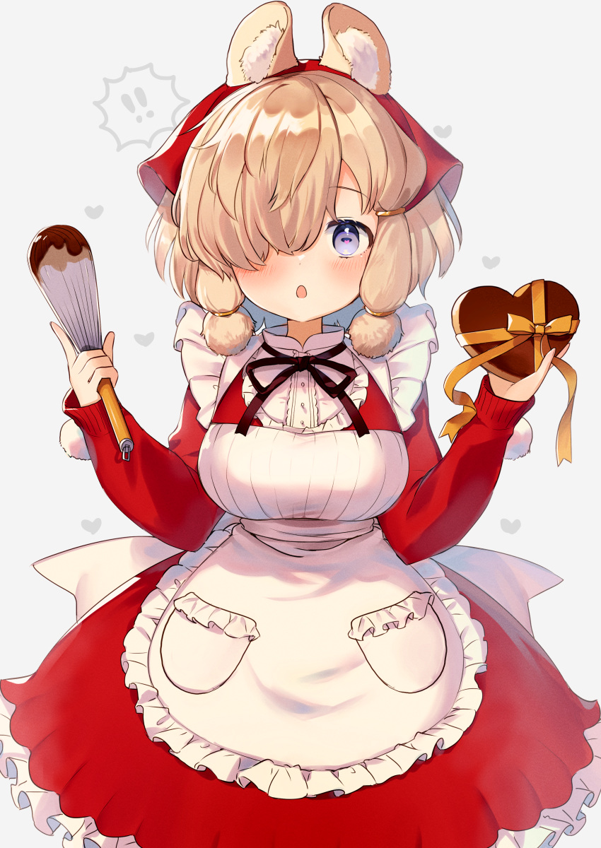 ! !! 1girl absurdres alpaca_ears alpaca_girl alpaca_suri_(kemono_friends) alternate_costume animal_ears blonde_hair blue_eyes blush bow box breasts gift hair_over_one_eye heart-shaped_box highres holding holding_gift holding_whisk kemono_friends large_breasts long_sleeves looking_at_viewer noamem parted_lips ribbon short_hair solo whisk yellow_bow yellow_ribbon