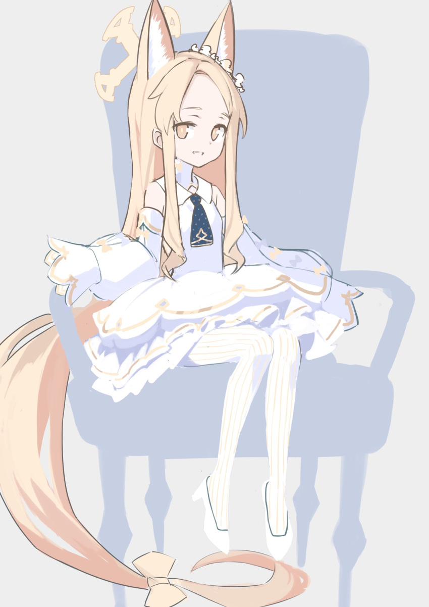 1girl absurdly_long_hair aji_aji_nori animal_ears bangs blonde_hair blue_archive bow chair detached_sleeves dress forehead fox_ears frilled_dress frills hair_bow halo highres long_hair looking_at_viewer necktie pantyhose parted_bangs seia_(blue_archive) short_necktie sitting sleeve_bow sleeveless sleeveless_dress sleeves_past_fingers sleeves_past_wrists solo very_long_hair white_dress white_footwear white_pantyhose yellow_eyes