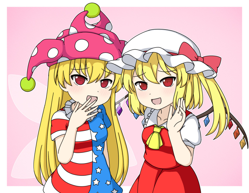 2girls american_flag_dress ascot bangs blonde_hair blush border bow breasts clownpiece collarbone collared_shirt commentary_request crystal dress fairy_wings flandre_scarlet hair_between_eyes hand_up hat hat_bow highres jester_cap jewelry long_hair looking_at_viewer medium_breasts mob_cap multicolored_wings multiple_girls neck_ruff okamochi_(pi-chiki) one_side_up open_mouth outside_border pink_bow pink_headwear polka_dot puffy_short_sleeves puffy_sleeves red_dress red_eyes shirt short_hair short_sleeves smile standing star_(symbol) star_print striped striped_dress touhou white_border white_headwear white_shirt wings yellow_ascot