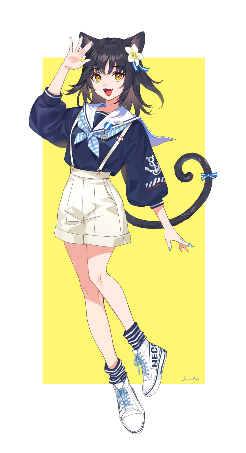1girl :d absurdres animal_ears artist_name bangs black_hair blue_neckerchief blue_ribbon blue_shirt blue_socks cat_ears cat_girl cat_tail commentary_request fangs flower full_body hair_flower hair_ornament highres looking_at_viewer medium_hair neckerchief open_mouth original ribbon sailor_collar sailor_shirt sato_(satoko_114) shirt shoes shorts simple_background smile sneakers socks solo striped striped_neckerchief striped_socks suspender_shorts suspenders tail tail_ornament tail_ribbon two-tone_background watermark white_background white_footwear white_sailor_collar white_shorts yellow_background yellow_eyes