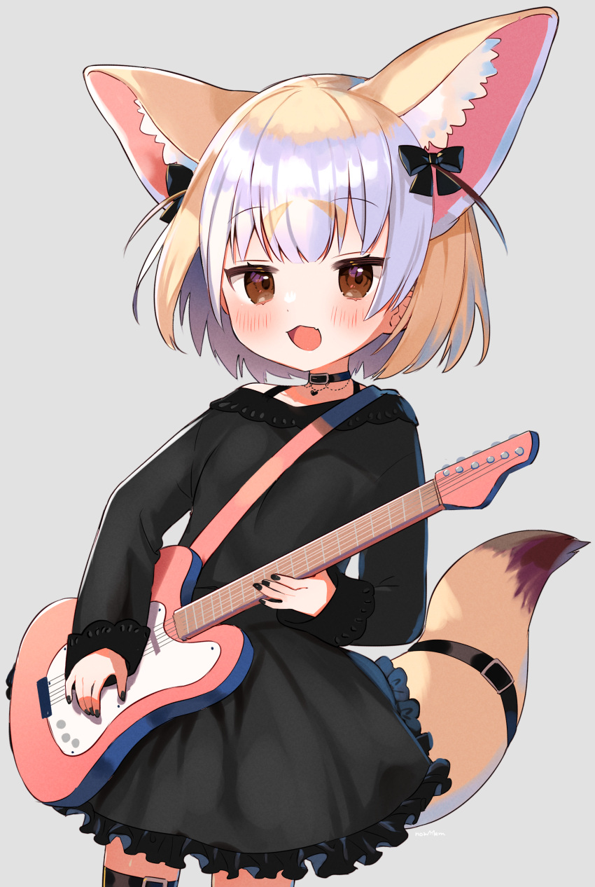 1girl :d absurdres alternate_costume animal_ear_fluff animal_ears black_choker black_dress black_nails blonde_hair blush brown_eyes choker commentary cowboy_shot dress extra_ears fennec_(kemono_friends) fox_ears fox_girl fox_tail grey_background guitar highres instrument kemono_friends long_sleeves looking_at_viewer multicolored_hair nail_polish noamem open_mouth short_hair simple_background smile solo tail thigh_strap two-tone_hair white_hair
