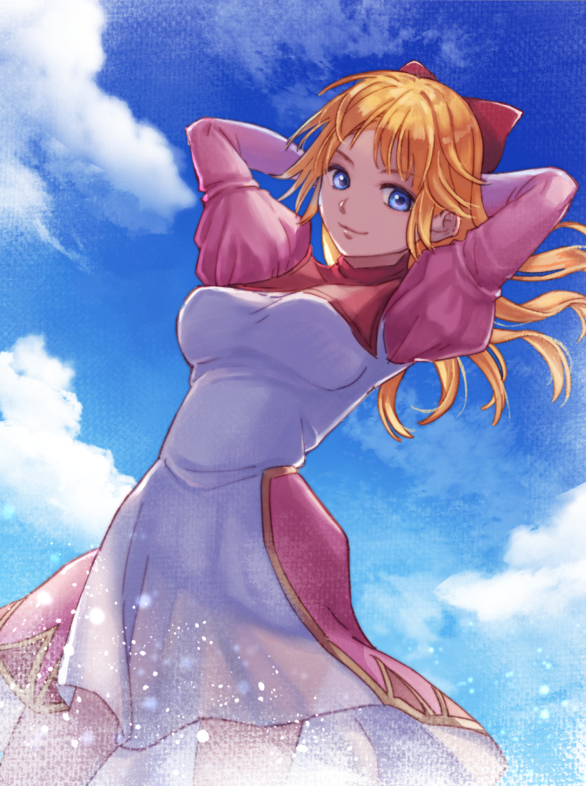 1girl arms_behind_head bangs blonde_hair blue_eyes bow breasts chrono_cross clouds cloudy_sky cowboy_shot dress hair_bow highres juliet_sleeves kid_(chrono_cross) long_hair long_sleeves looking_at_viewer medium_breasts official_alternate_costume outdoors pink_bow pink_dress puffy_sleeves sky smile solo turtleneck two-tone_dress white_dress yawaraka_bear
