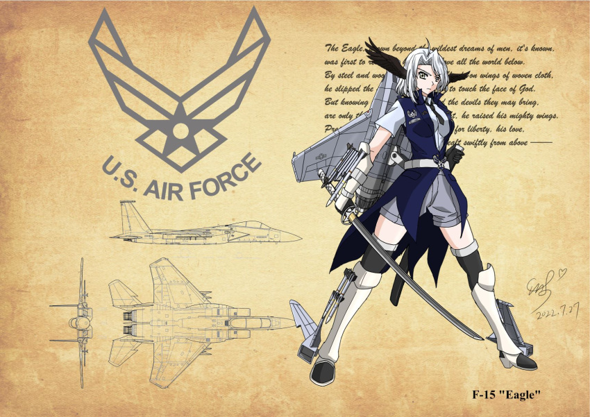 1girl ahoge aircraft airplane airplane_wing black_necktie black_thighhighs blue_coat coat f-15_eagle faintxp feathered_wings fighter_jet full_body grey_eyes grey_shirt grey_shorts head_wings highres holding holding_sheath holding_sword holding_weapon jet katana machinery mecha_musume medium_hair military military_vehicle missile necktie original personification scabbard sheath shirt short_shorts short_sleeves shorts sleeveless_coat solo sword thigh-highs unsheathed weapon white_hair wings