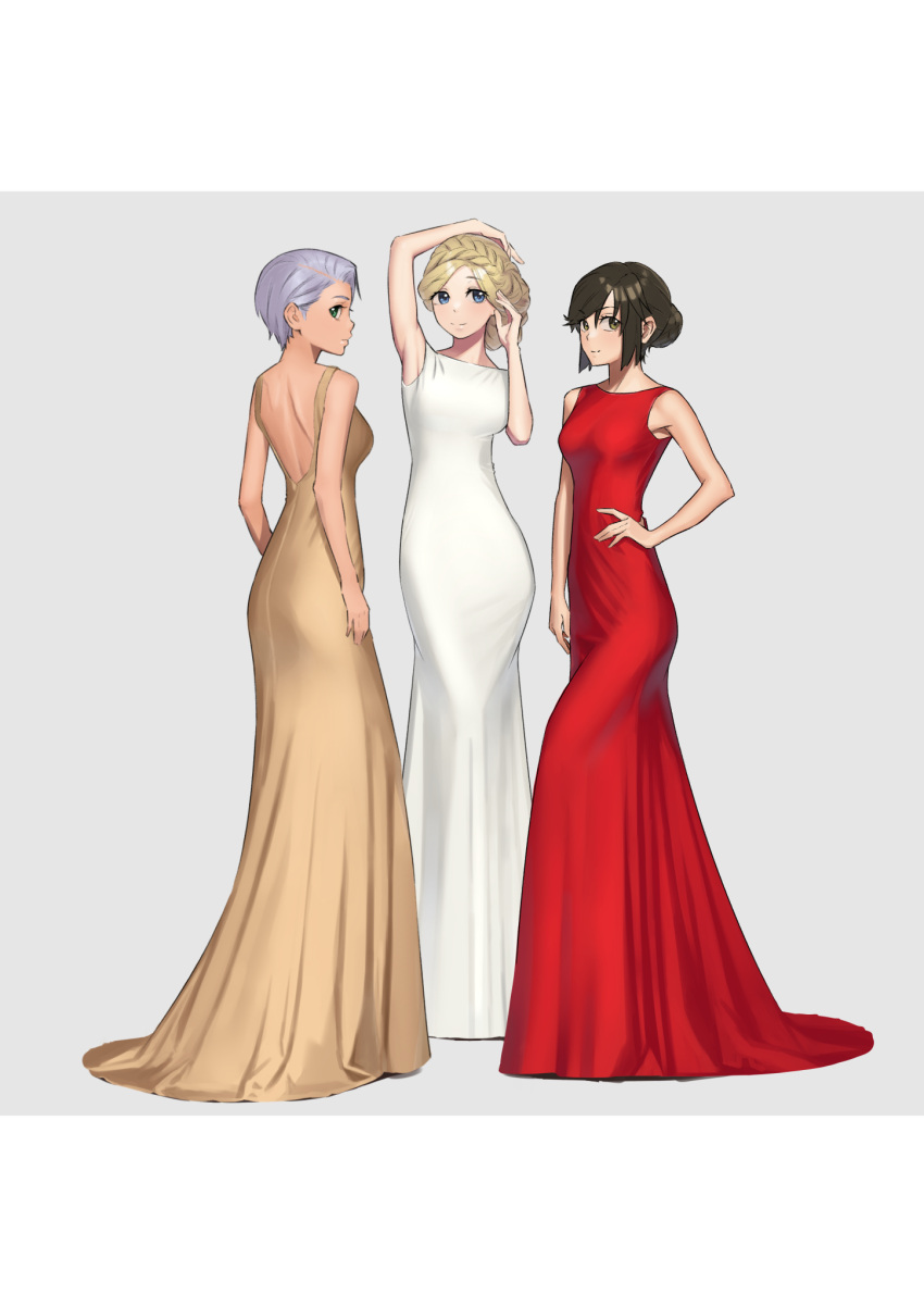 3girls akira_ferrari alicia_florence aria athena_glory ayame310 blonde_hair blue_eyes braid brown_hair dress hair_bun highres looking_at_viewer multiple_girls purple_hair red_dress short_hair single_hair_bun smile white_dress