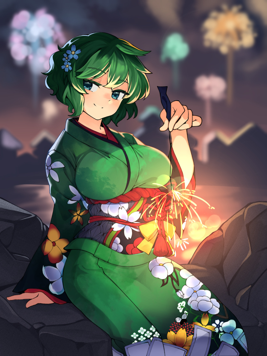 1girl absurdres arm_support blurry blurry_background blurry_foreground breasts depth_of_field feet_out_of_frame festival fireworks floral_print flower green_hair green_kimono hair_ornament highres holding_fireworks huge_breasts japanese_clothes kimono qwas69 sash short_hair sitting smile soga_no_tojiko solo sparkler touhou white_flower