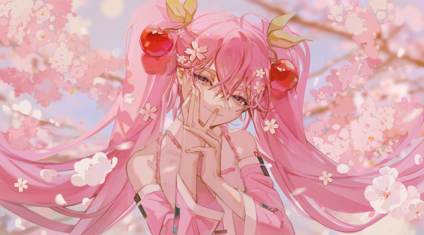 1girl bangs branch cherry_blossoms cherry_hair_ornament chinese_commentary closed_mouth collared_shirt commentary_request crossed_bangs detached_sleeves flower food-themed_hair_ornament hair_flower hair_ornament hand_on_own_face hatsune_miku highres holding_own_wrist long_hair long_sleeves pink_eyes pink_hair pink_shirt pink_sleeves pink_theme procreate_(medium) sakura_miku shirt smile solo twintails vocaloid xinliu