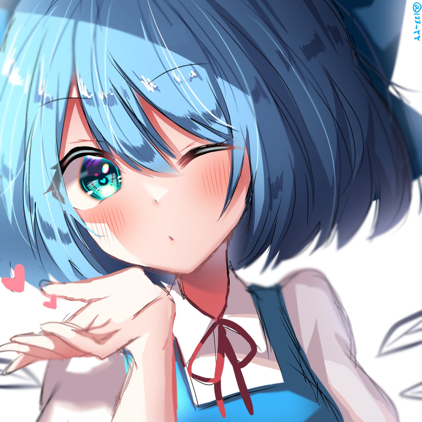 1girl 380u0 absurdres blowing_kiss blue_bow blue_dress blue_eyes blue_hair bow cirno collared_shirt dress fairy_wings hair_bow heart highres ice ice_wings neck_ribbon puffy_short_sleeves puffy_sleeves red_ribbon ribbon shirt short_hair short_sleeves touhou white_background white_shirt wings