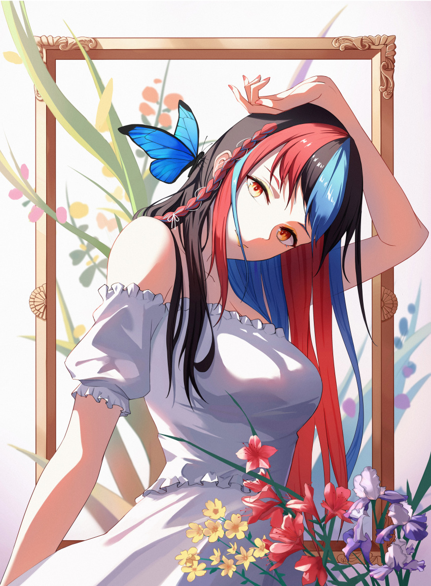 1girl absurdres aweiwei1998 black_hair blue_hair braid breasts bug butterfly butterfly_on_head closed_mouth collarbone dress flower hair_over_mouth harusaruhi highres kamitsubaki_studio long_hair looking_at_viewer makeup mascara medium_breasts multicolored_hair nail_polish off-shoulder_dress off_shoulder orange_eyes red_flower red_nails redhead shiny shiny_hair short_sleeves single_braid smile solo sundress very_long_hair virtual_youtuber white_dress white_flower yellow_flower yellow_lips