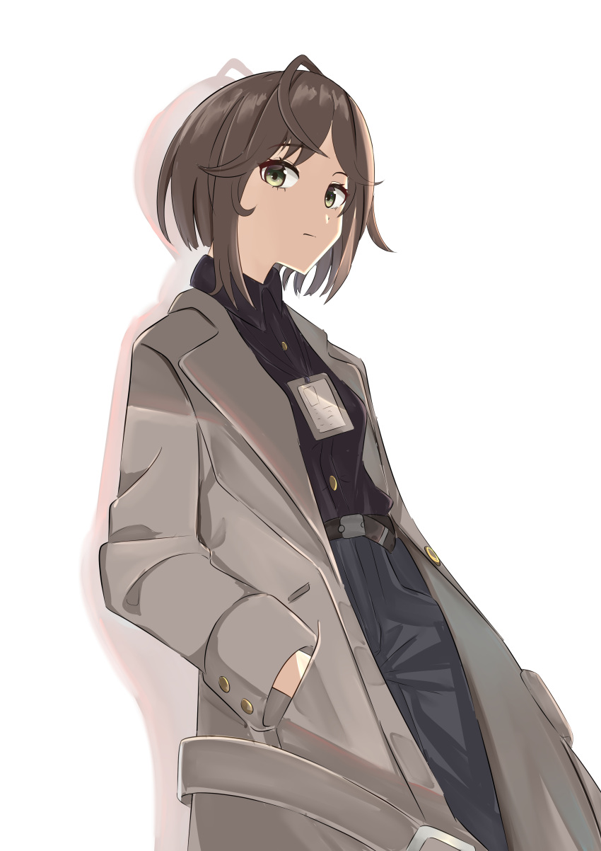 1girl absurdres bangs belt black_shirt brown_hair brown_jacket commentary_request cowboy_shot girls_frontline hands_in_pockets highres id_card jacket lanyard long_sleeves looking_at_viewer looking_to_the_side mutugorou_u open_clothes open_jacket pants shadowless_(girls'_frontline) shirt shirt_tucked_in short_hair solo