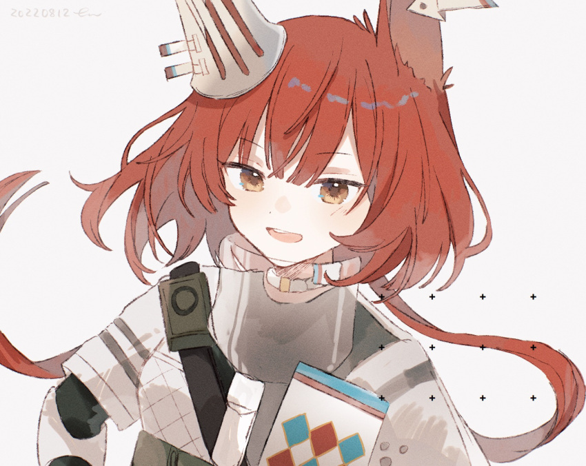 1girl :d animal_ears arknights armor brown_eyes ear_covers ear_tag figmnts flametail_(arknights) long_hair looking_at_viewer open_mouth redhead shirt simple_background smile solo squirrel_ears teeth upper_body upper_teeth white_background white_shirt